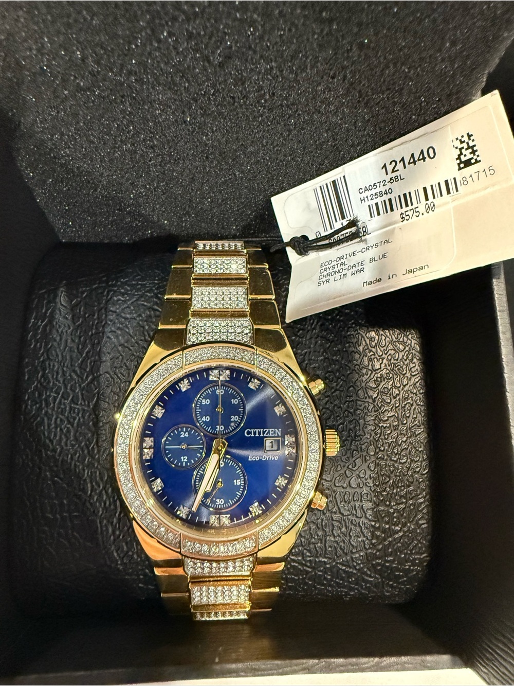 Citizens Eco-Drive Chronograph Watch with Blue Dial and Crystal Accents NIB Mens